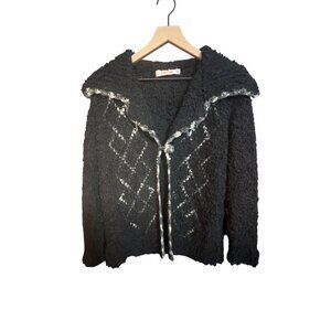 Shetland Wool Black & Gray Button-Up‎ Cardigan Sweater With Zigzag Pattern